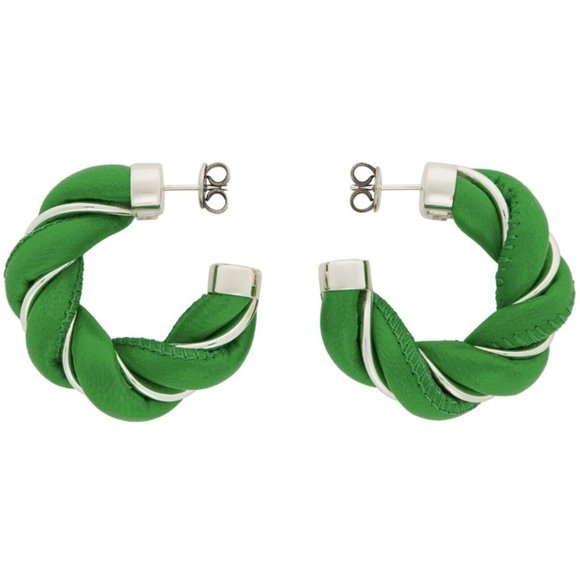 NEW BOTTEGA VENETA Twist Green Silver-plated Leather Hoop Earrings Round